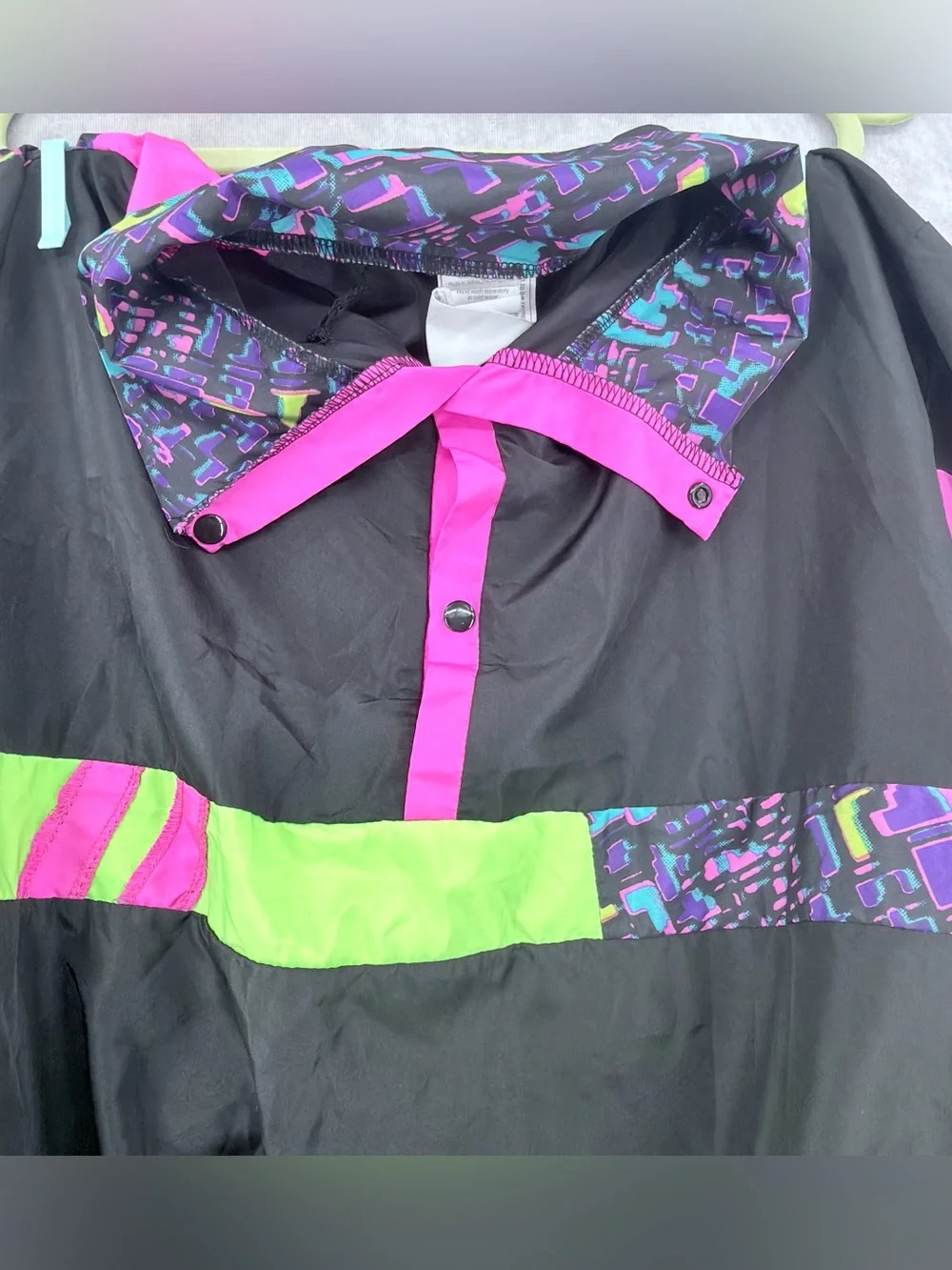 Vintage Black Windbreaker with Neon Pink & Lime Green Accents spirit Halloween - Picture 2 of 11